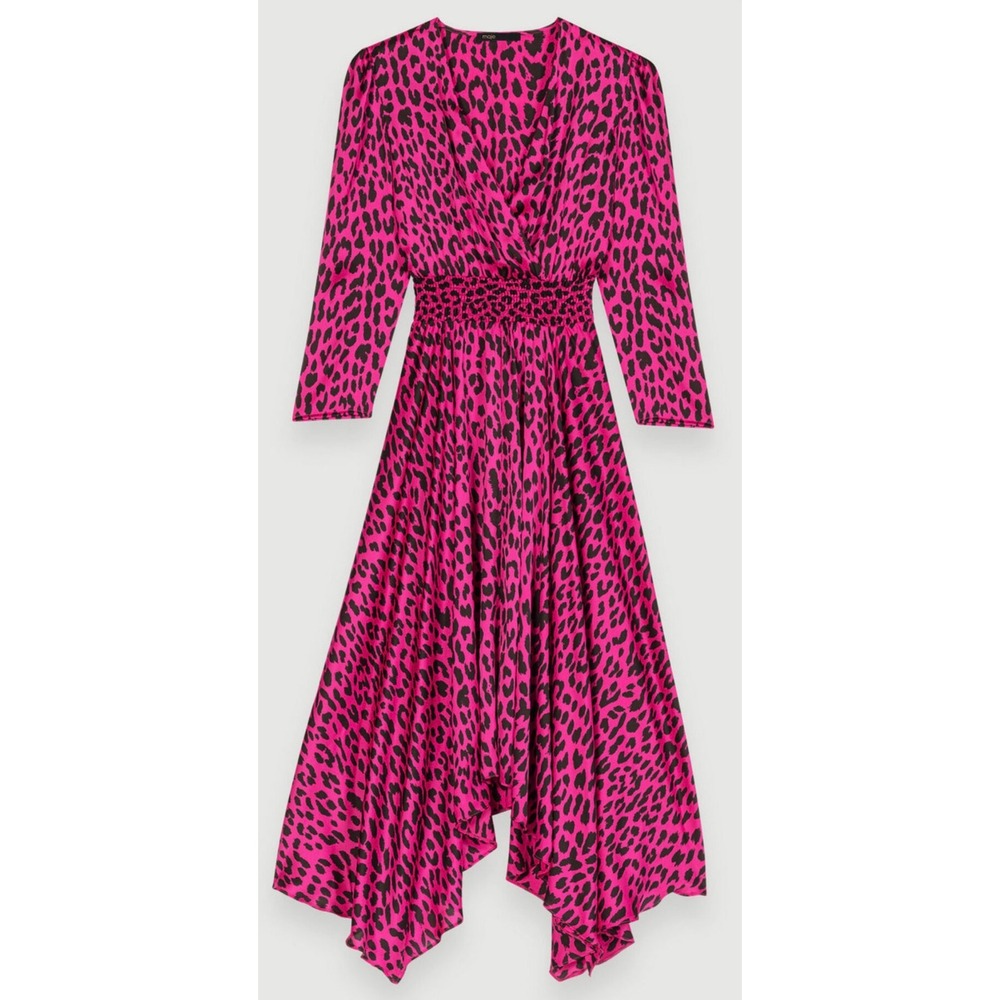 Maje Asymmetrical Leopard Print Smocked Waist Handkerchief Hem Midi Dress 38